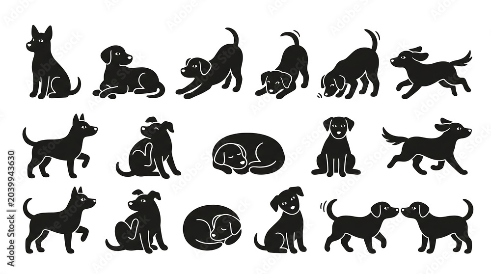 Obraz premium Sheet of 12 Stylized Black Dog Silhouettes – Minimalist Sticker-Style Vector Icons with Whimsical Retro Vibe