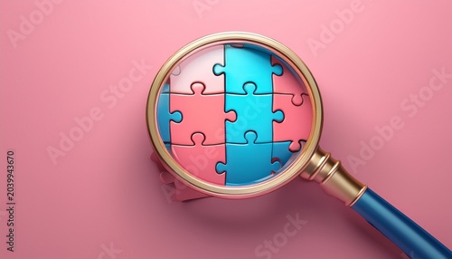 equity gap concept with magnifier highlighting missing puzzle piece on pink background 3d render