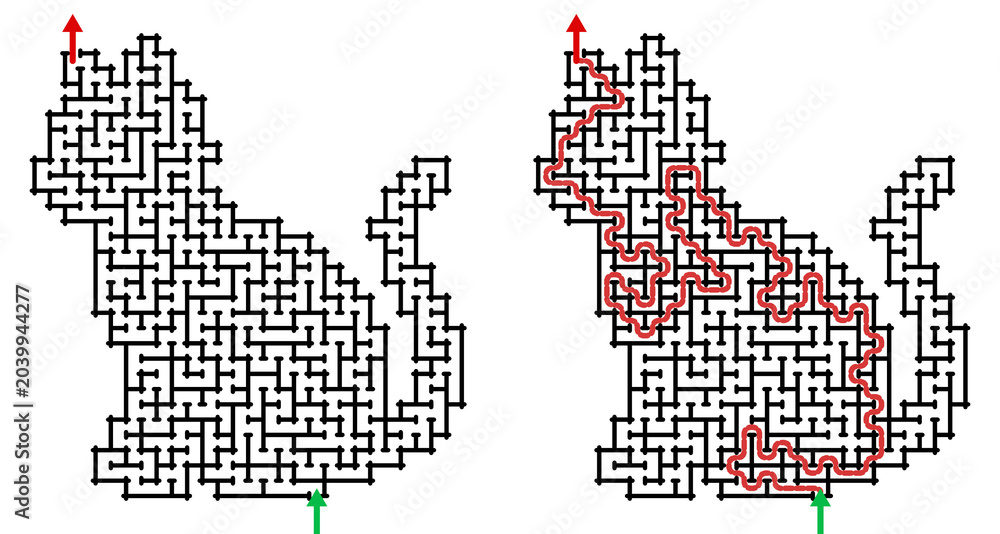 Obraz premium Cat-shaped maze with solution path highlighted in red 