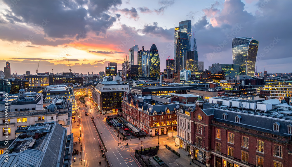 Fototapeta premium London Cityscape at Dusk with Modern Skyscrapers and Historic Buildings.