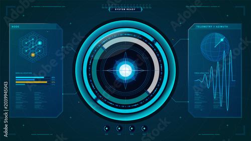 Tableau sur toile Futuristic cyan HUD dashboard with central circular scanner, glowing radar core,
