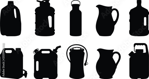 Bild auf Leinwand Silhouettes of various containers for liquids, including canisters, bottles, jug