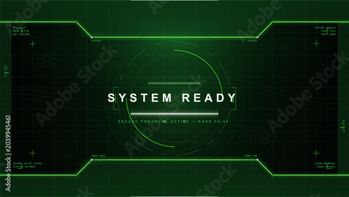 Schilderij op canvas Green futuristic HUD interface with system ready status, glowing circuit lines,