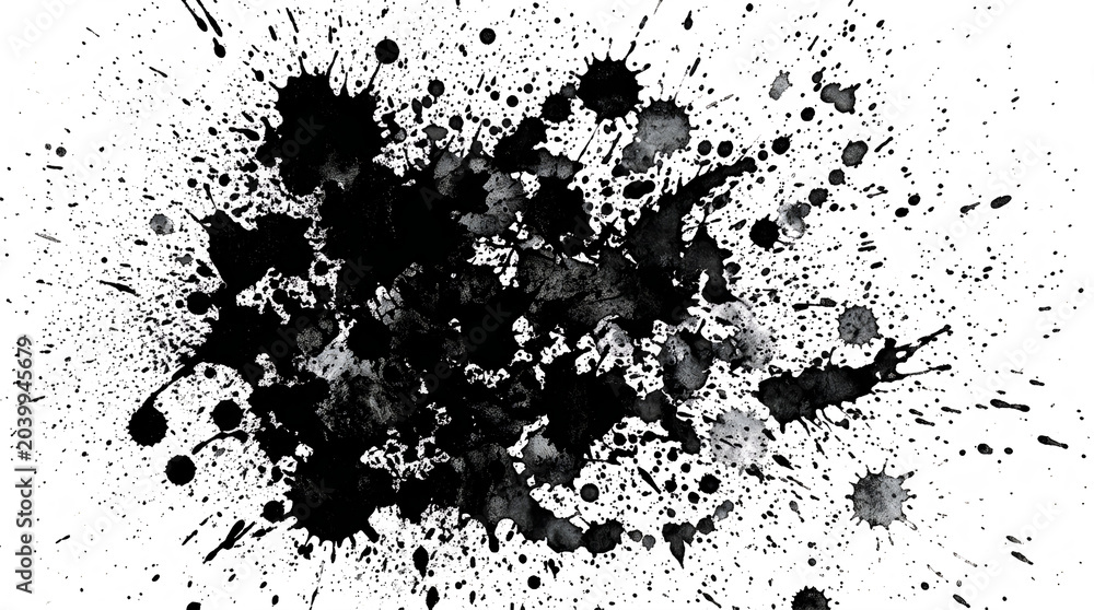 Obraz premium Black ink splatters and drops on white background messy artistic expression transparent background