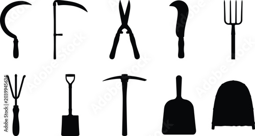 Φωτογραφία Collection of agricultural and gardening tools in silhouette, including scythes,