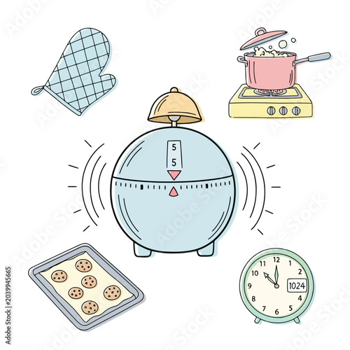 Tableau sur toile Kitchen timer, oven mitt, baking tray with cookies, and cooking pot on stove
