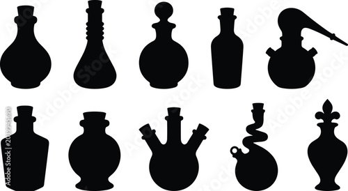 Εκτύπωση καμβά A collection of assorted glass laboratory flasks and bottles in silhouette, repr