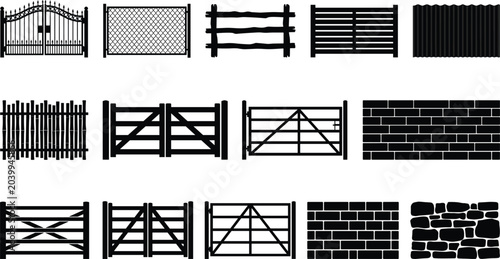 Canvastavla Collection of various fence and gate designs, including wooden, metal, and brick