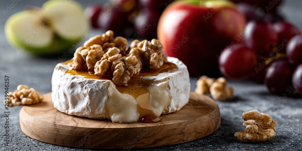 Fototapeta premium A mouthwatering presentation of brie cheese topped with walnuts, drizzled with honey, surrounded by fresh fruits, showcasing gourmet food styling and photography techniques.