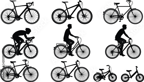 Vector set of bicycle silhouettes including road racing mountain city commuting and kids bikes with cyclist figures