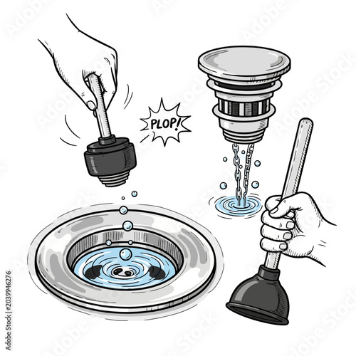 Принти на полотні Repairing clogged sink drain with hand tools and rubber plunger.