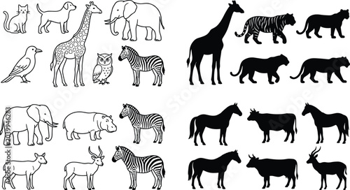 Canvas Print Vector set of wild and domestic animal line art illustrations and black silhouet