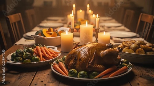 Thanksgiving Turkey Dinner Celebration on Wooden Table