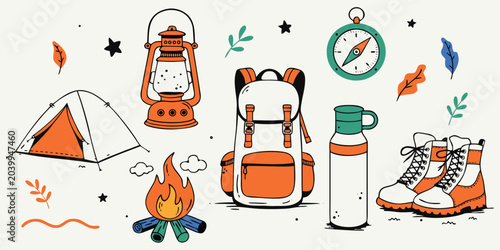 camping gear doodle illustration tent lantern backpack