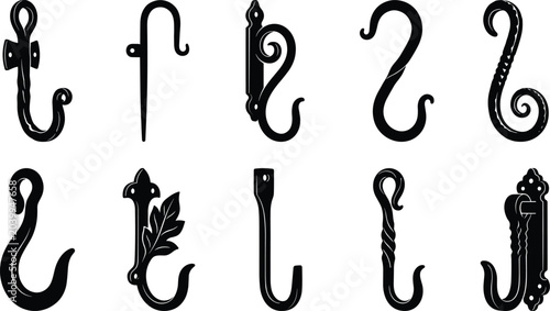 Foto Collection of decorative wrought iron hooks, featuring diverse designs from orna