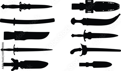 Foto Collection of various weapon silhouettes including swords, daggers, and knives,