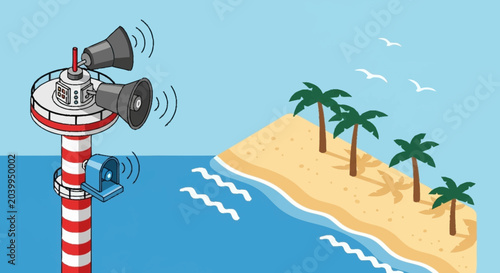 Foto Illustration of a tropical island with a warning siren.