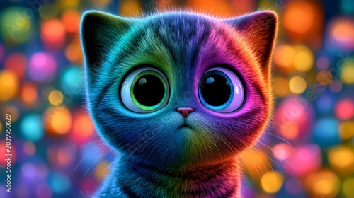 Colorful cartoon kitten with colorful fur and background