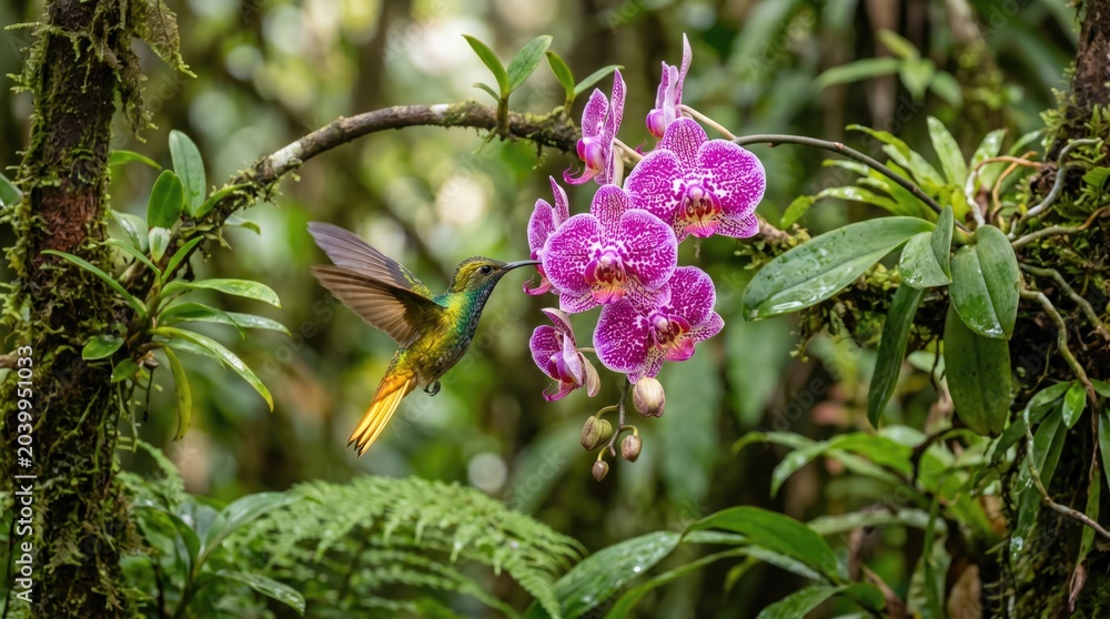 Fototapeta premium Hummingbird feeding on vibrant pink orchid in lush tropical rainforest