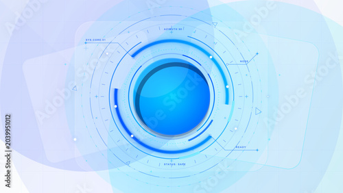 Принти на полотні Futuristic blue circular HUD interface with concentric rings, glowing center, data markers, azimuth label and clean pale grid background