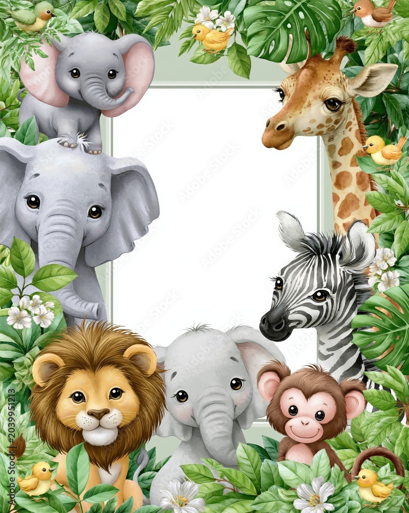 Obraz premium Cute cartoon safari animals and tropical leaves frame with empty space for text