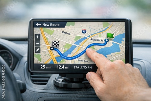 A person operating a GPS device while inside a vehicle  suitable for use in contexts related to navigation and travel