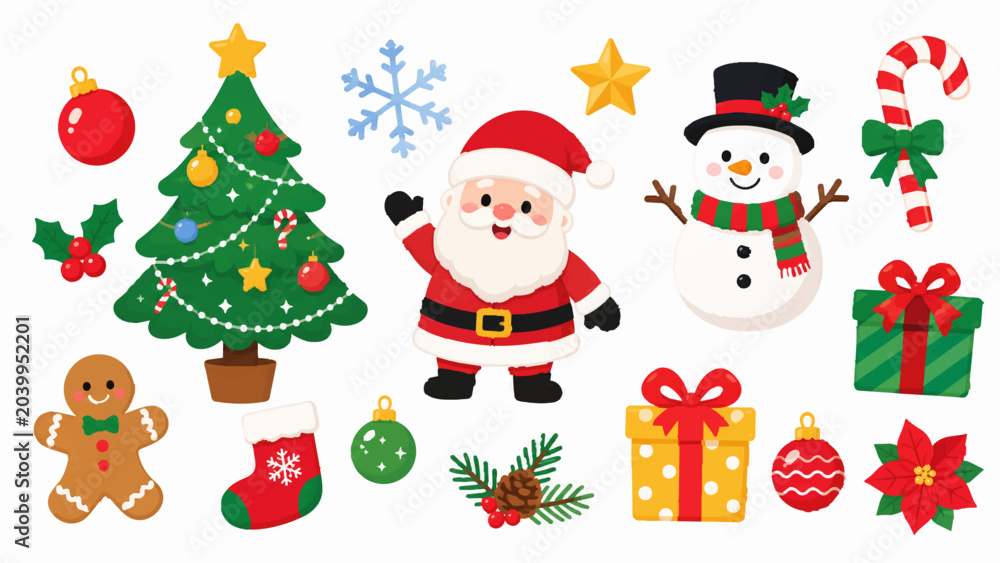 Obraz premium クリスマスアイコンベクターイラストセット（ツリー・サンタ・雪・ギフト）