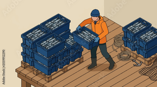 Schilderij op canvas Man stacking blue crates on wooden dock.