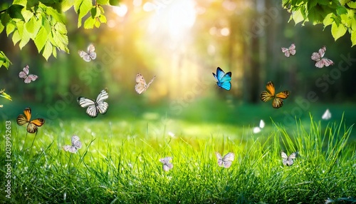 seasonal forest glade during spring or summer with vibrant grass and butterflies