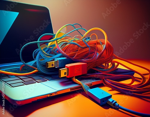 tangled usb cables laptop mess data transfer connection technology clutter organization digital devices