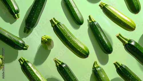 Fresh Zucchini Vegetables Arranged in a Pattern on a Green Background.