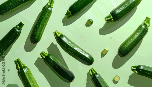 Fresh Zucchini Vegetables Arranged Artfully on a Light Green Background.
