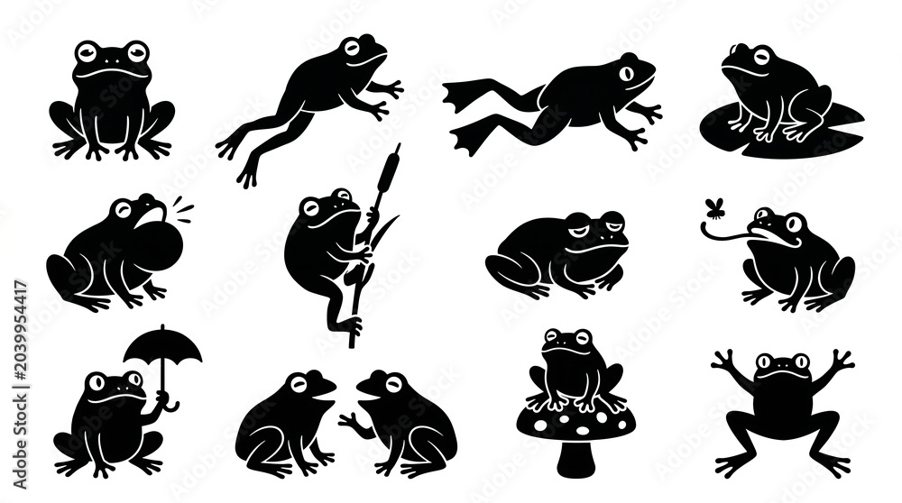 Fototapeta premium Sheet of 12 Stylized Black Frog Silhouettes – Minimalist Sticker-Style Vector Icons with Whimsical Retro Vibe