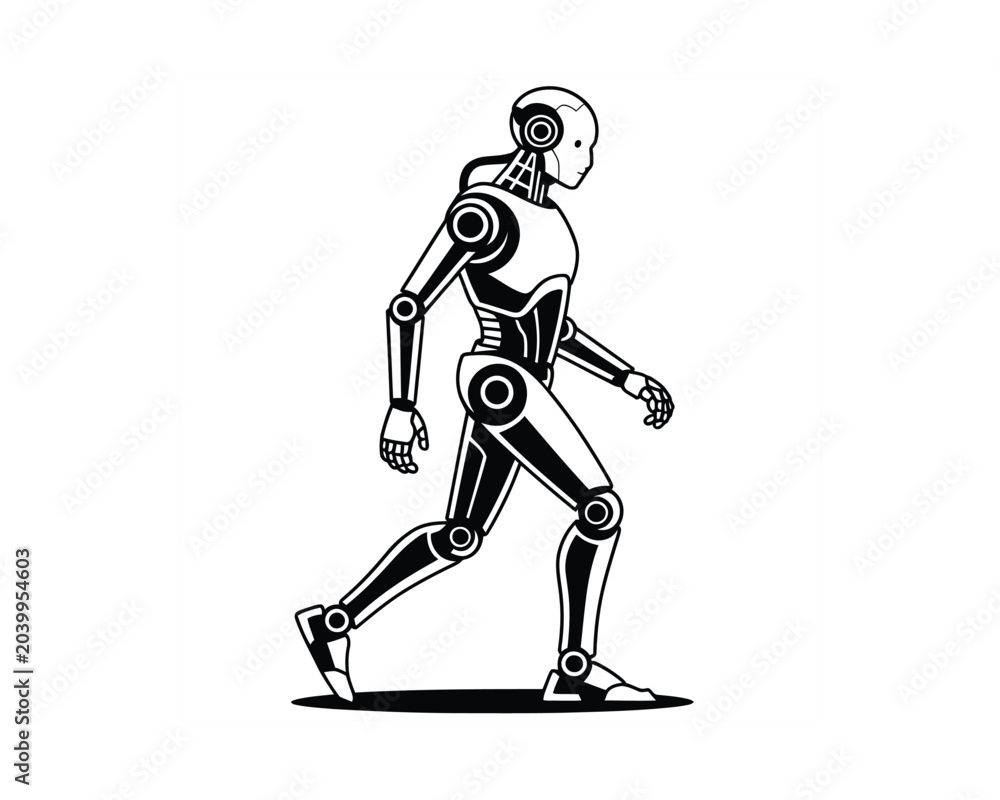 Fototapeta premium Humanoid robot walking in profile on white background