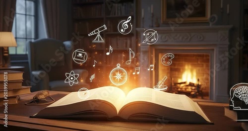 Open book with floating icons and fireplace background