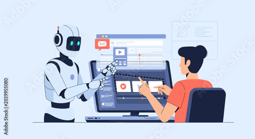 Futuristic AI Assistant Robot Helping a Human Male in a Modern Workspace, Vector Illustration of Human-Robot Collaboration, Automation, and Artificial Intelligence Support