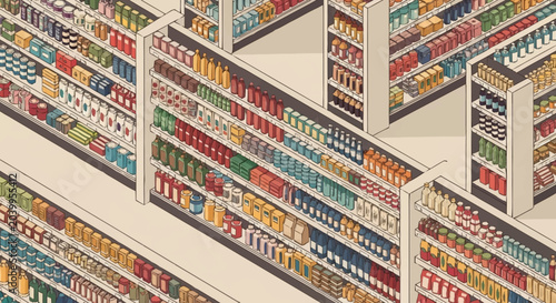 Foto A colorful illustration of a grocery store aisle with shelves stocked with various products