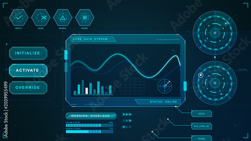 Foto Futuristic HUD control interface with cyan data stream panel, activation buttons