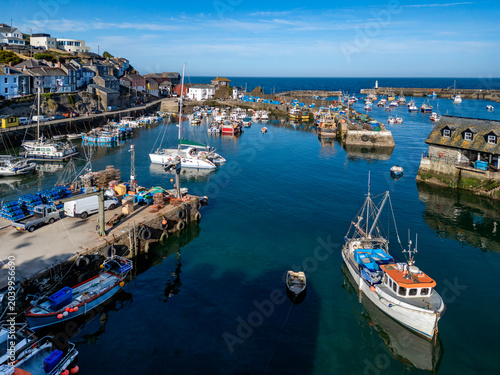 Aerial views of the harbor at Mevagissey on the south coast of Cornwall, England.
