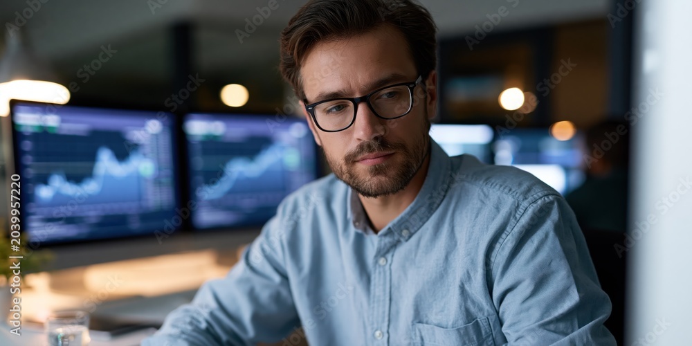 Obraz premium A focused young professional analyses graphs and data on multiple monitors, showcasing the intensity and importance of strategic planning and data-driven decision-making.