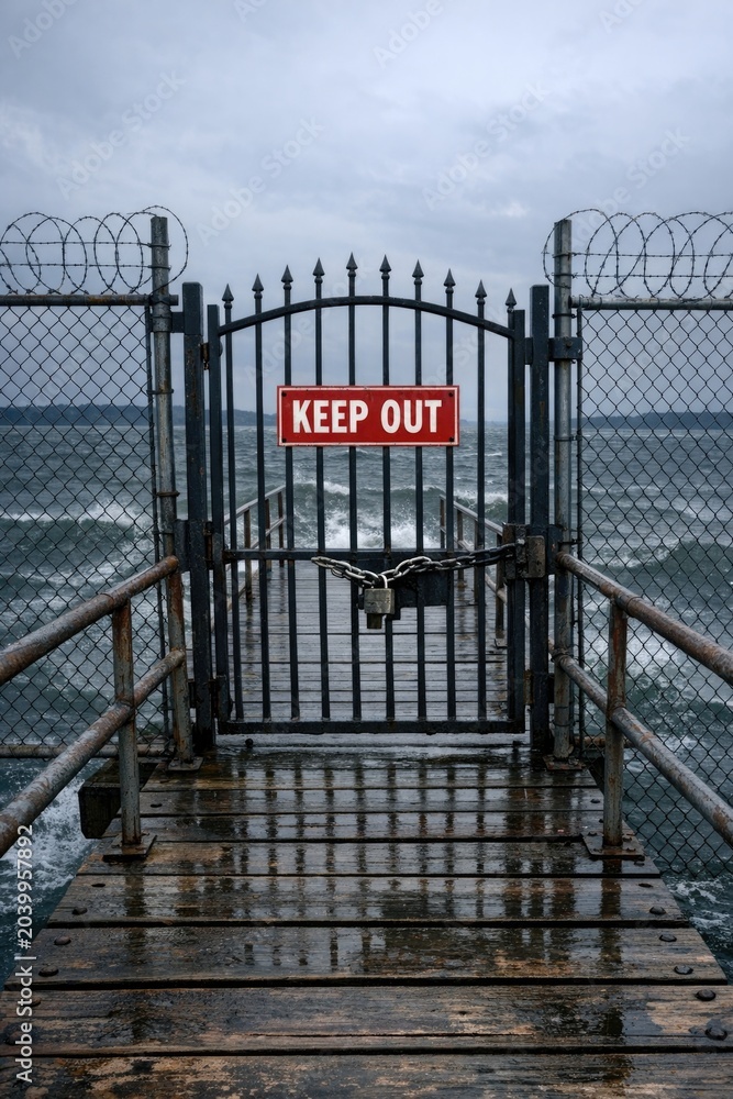 Obraz premium A warning sign saying 'keep out' on a pier, great for use in scenes with caution or restricted access