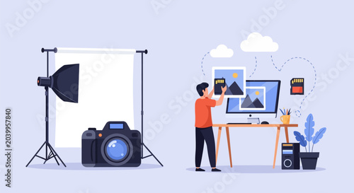 Digital vector illustration of a content creator uploading high-quality photography and visual assets to a stock media platform via a laptop computer interface in a home office.