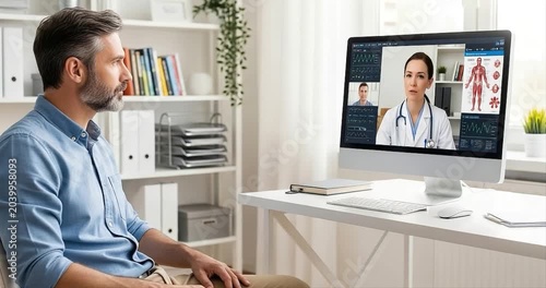 Man consults doctor remotely using video conferencing technology