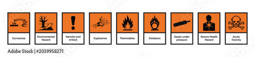 Fotografía GHS Hazard Warning Labels Set with Orange Background, Chemical Safety Symbols Co