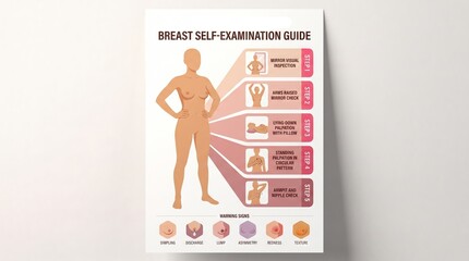 Breast self-examination step-by-step infographic with female silhouette and warning signs