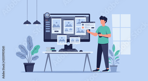 Graphic designer using artificial intelligence software to generate creative digital illustrations on a dual monitor computer setup in a modern professional studio office workspace.