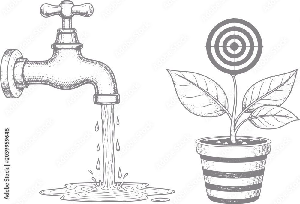 Naklejka premium Water faucet pouring water next to a plant with a target as a flower