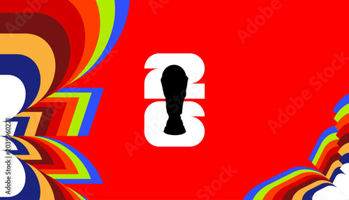 Foto Abstract 2026 world cup background with colorful curved lines and trophy silhoue