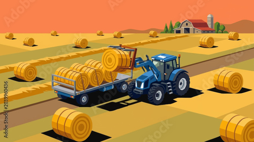 Canvas-taulu Tractor transporting hay bales in a rural landscape.