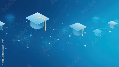 Online education background graduation cap blue digital network connection learning technology abstract academic success distance study modern education